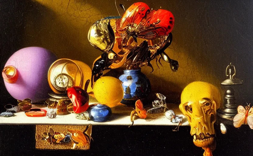 Prompt: beautiful colorful oil painting dutch golden age vanitas still life with gorgeous fututistic objects shiny transparent surfaces shiny metal insects rachel ruysch dali todd schorr very detailed perfect composition rule of thirds masterpiece chiaroscuro canon 5 0 mm, cinematic lighting, photography, retro, film, kodachrome