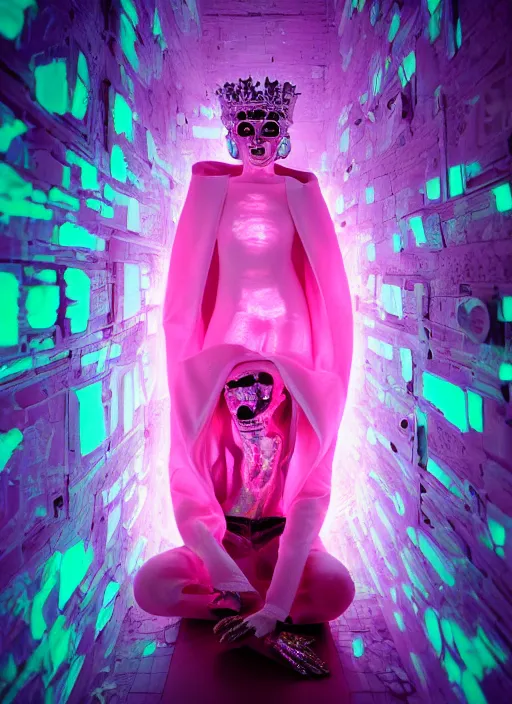 Image similar to photo of fullbodied baroque and bladerunner delicate neon diamond sculpture of seductive ceramic albino marble prince andres sanjuan dotado mint iridescent humanoid deity wearing pink plastic fluffy hoody holding diamond skull in a white alien dungeon, reclining, glowing magenta face, crown of white diamonds, cinematic lighting, photorealistic, octane render 8 k depth of field 3 d
