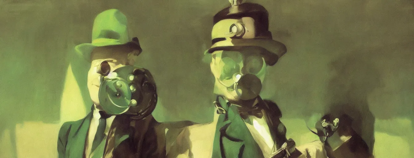 Prompt: steampunk time traveller on a green background by edward hopper high contrast