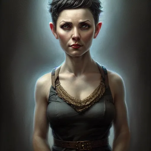 Prompt: portrait of a beautiful cute strong charming realistic female gnome engineer, short pixie undercut black hair, d & d, micro detail, intricate, elegant, highly detailed, centered, rule of thirds, artstation, sharp focus, illustration, artgerm, tomasz alen kopera, donato giancola, wlop