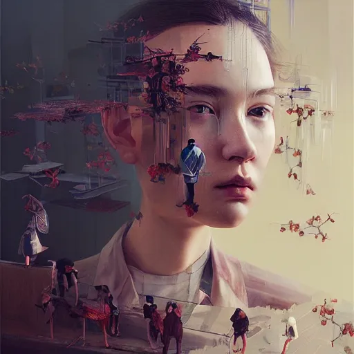 Image similar to 3 d, fashion models looks into the frame, intricate oil painting, high detail, figurative art, multiple exposure, poster art, 3 d, by tooth wu and wlop and beeple