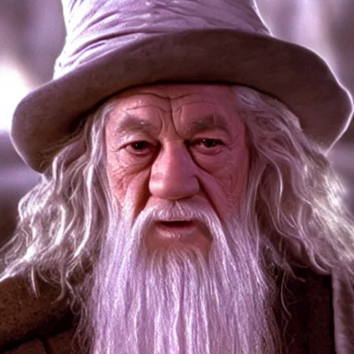 Prompt: gandalf with a pink bowtie on his head, showing a blank playing card, movie still from the lord of the rings