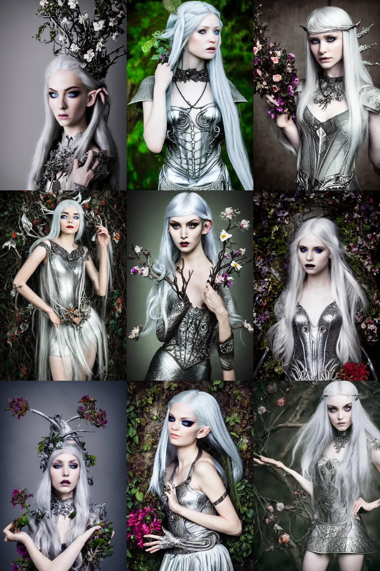 Prompt: very beautiful elven top model, silver hair, wearing alexander mcqueen gothic victorian short dress with leaves and flowers, luxury materials, symmetrical, cinematic, elegant, professional studio light, real dlsr photography, sharp focus, 4 k, ultra hd, sense of awe, high fashion