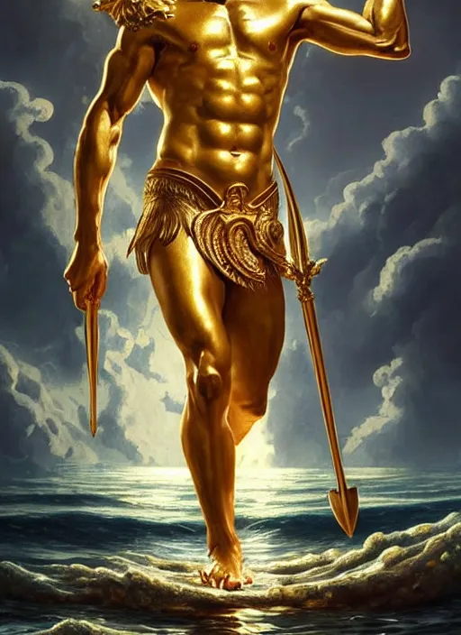 Image similar to Poseidon the God of Sea holding a golden trident, upper body, realistic photo, masculine, Greek God, D&D, fantasy, intricate, cinematic lighting, highly detailed, digital painting, artstation, concept art, smooth, sharp focus, illustration, art by Artgerm and Greg Rutkowski and Alphonse Mucha