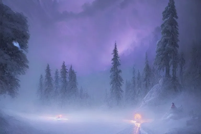 Image similar to a beautiful oil painting of a valley covered in snow, trees with purple, thunderstorm in the sky, blue lighting, gloomy, atmospheric lighting, detailed, beautiful!!, purple bioluminescence, by greg rutkowski, trending on artstation