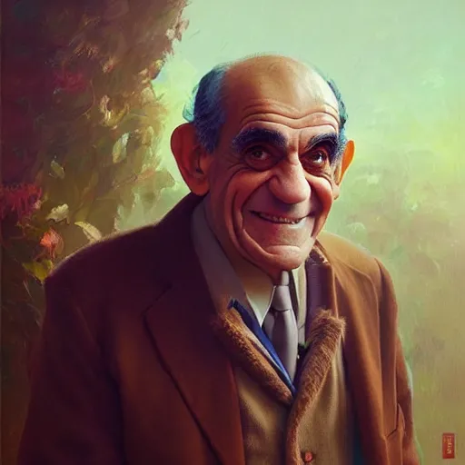 Image similar to portrait painting of abe vigoda, bright and energetic, with a sweet smile and floofy hair, render cinematic lighting art 1 9 2 0 period drama by bussiere rutkowski andreas rocha