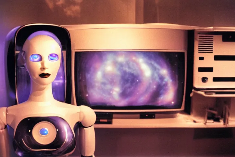 Image similar to beautiful woman robot sitting inside of a galaxy fridge, from 1985, bathed in the glow of a crt television, crt screens in background, low-light photograph, in style of