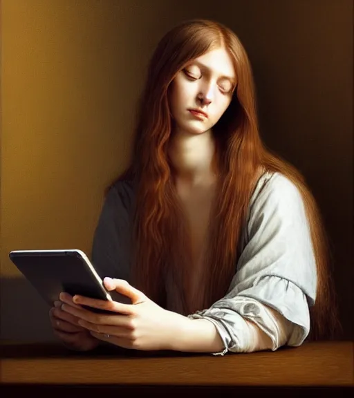 Prompt: portrait of a long - haired woman with a cellphone browsing reddit. com on her phone sitting upon a table with heightened detail, poised, intense emotion, detailed facial expression, detailed surroundings, intricate, elegant, highly detailed, centered, digital painting, artstation, concept art, smooth, sharp focus, illustration, by ( leonardo da vinci ), wlop