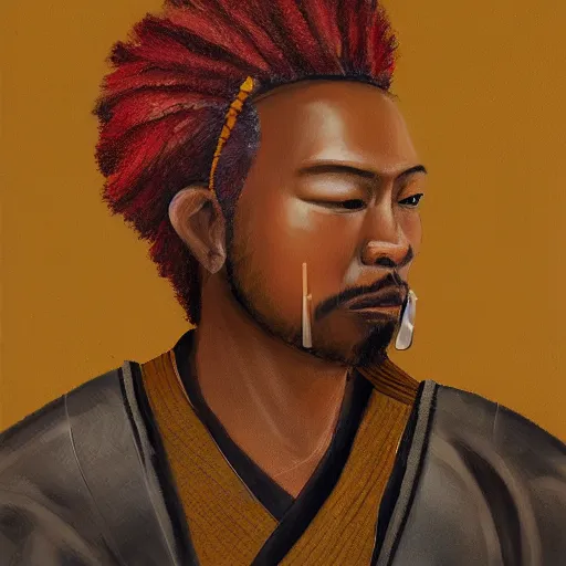 Prompt: a full body profile oil painting of an African samurai with reddish golden hair, with face and body clearly visible, forgotten realms, high quality, sombre mood, muted colours, no crop, entire character.