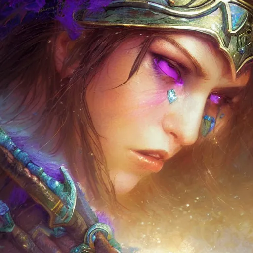 Prompt: ! dream night elf warden world of warcraft fantasy character portrait, close up, wide angle, ultra realistic, intricate details, the river girl weeps with sorrow and profound loss, highly detailed, abstract art piece by gaston bussiere, craig mullins, j. c. leyendecker