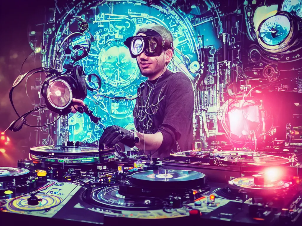 Prompt: a person wearing goggles and visor and headphones using a steampunk record player contraption, wires and tubes, turntablism dj scratching, intricate planetary gears, cinematic, imax, sharp focus, leds, bokeh, iridescent, black light, fog machine, hazy, lasers, hyper color digital art, cyberpunk