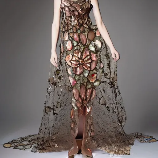 Image similar to exclusive evening dress made of bronze transparent fabric fantasy with colored flower petals made of fabric. intricate asymmetrical patterns. an elegant hat. hyperrealistic photos, clear details.