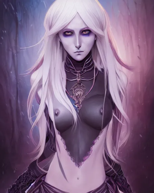 Image similar to portrait of an anime female drow necromancer, hd, illustration, epic, d & d, fantasy, intricate, elegant, highly detailed, digital painting, artstation, concept art, smooth, sharp focus, illustration, art by artgerm and greg rutkowski and alphonse mucha, monster hunter illustrations art book