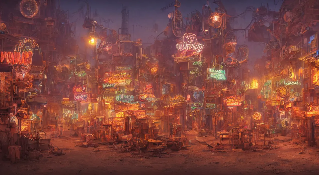 Prompt: a steampunk village in the desert at night, junk everywhere,neon lights, neon signs, magical atmosphere, mist, steam, photo realistic, 35mm, Matte painting, octane render, 8k, corona render, movie concept art by guido borelli da caluso