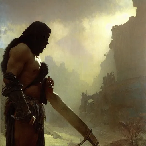 Image similar to half portrait of orc barbarian wearing a closed cowl holding a axe! jeremy mann, jean leon gerome, alphonse mucha, greg rutkowski, hood covers his eyes, ( ( ruins of ancient rome ) ), at dusk, mysterious atmosphere, sunrays, dof, masterpiece, high detailed, 8 k