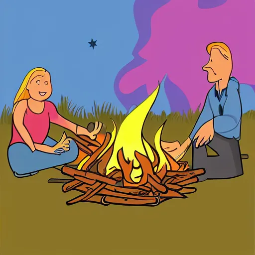 Image similar to cartoon of hillbilly with long blonde hair at a bonfire with his australian shepherd