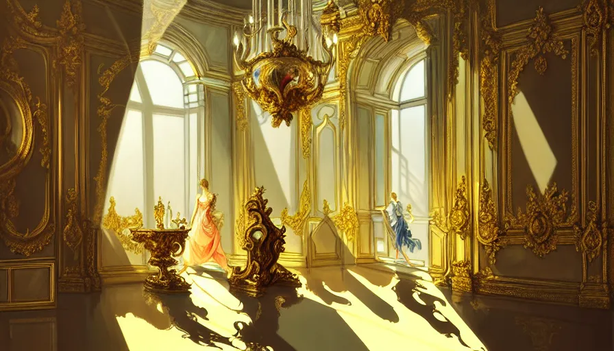 Image similar to rococo interior made from chrome, versailles, light, shadows, reflections, epic composition, intricate, elegant, volumetric lighting, digital painting, highly detailed, artstation, sharp focus, illustration, concept art, ruan jia, steve mccurry