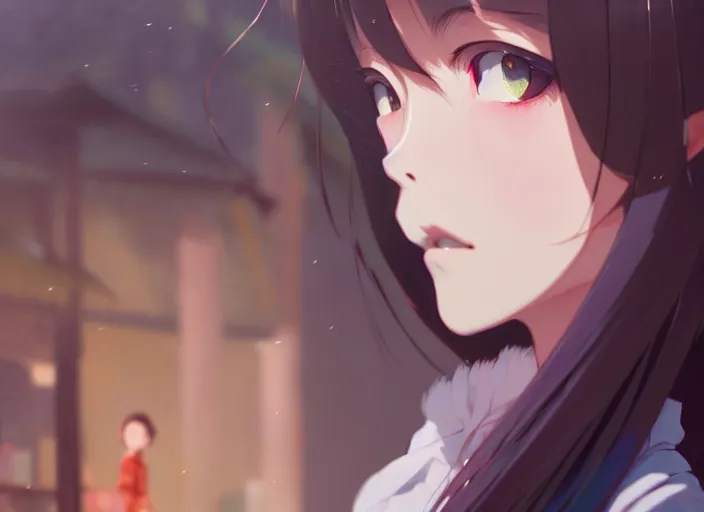 Image similar to a film still portrait of a very beautiful girl, finely detailed features, closeup at the faces, perfect art, at a market, night time,, gapmoe yandere grimdark, trending on pixiv fanbox, painted by greg rutkowski makoto shinkai takashi takeuchi studio ghibli, akihiko yoshida