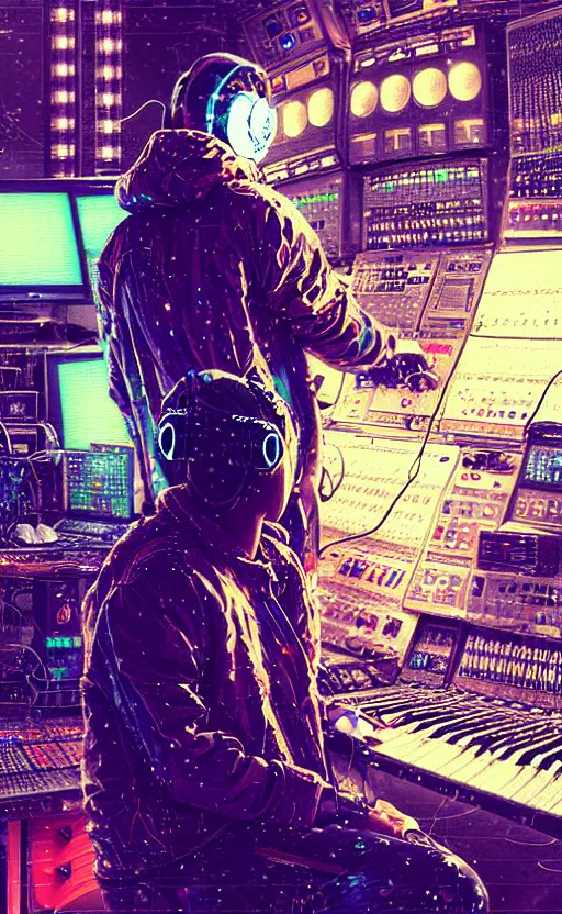 Image similar to detailed portrait of a music producer in his studio lab, neon operator, cyberpunk futuristic neon, reflective puffy coat, decorated with traditional japanese ornaments by ismail inceoglu dragan bibin hans thoma greg rutkowski alexandros pyromallis nekro rene maritte illustrated, perfect face, fine details, realistic shaded, fine - face, pretty face