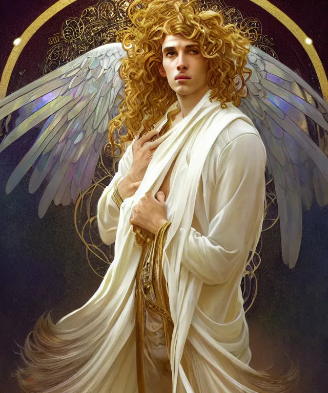 Image similar to fullbody portrait of a beautiful young fit male angel with curly blond hairs, full dressed in long fluent clothes, majestic symmetrical big dove wings, luminous halo, by greg rutkowski and alphonse mucha, gradient white to gold, in front of an iridescent background, highly detailed portrait, digital painting, artstation, concept art, smooth, sharp focus illustration