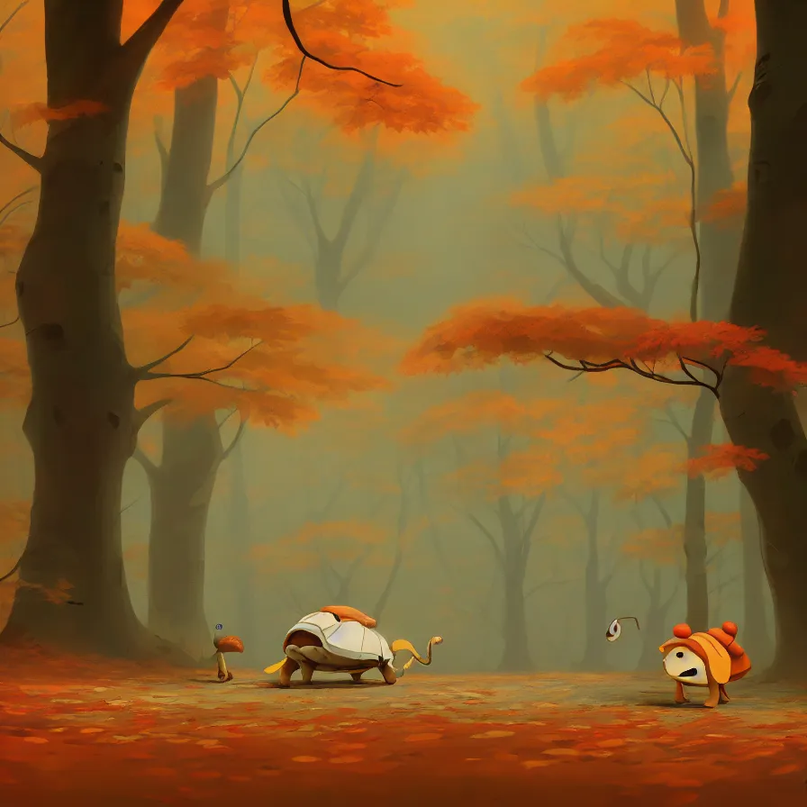 Prompt: Goro Fujita illustrating a tortoise walking through a beautiful autumn forest, art by Goro Fujita, sharp focus, highly detailed, ArtStation