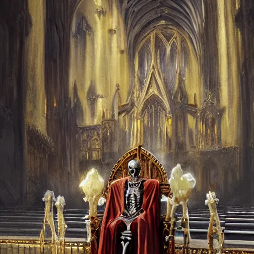 Prompt: Human skeleton, king in noble clothes, resting on a throne inside a cathedral, oil painting, by Fernanda Suarez and Greg Rutkowski