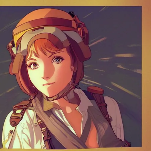 Prompt: Portrait of annasophia robb as an airship mechanic, steampunk, defined facial features, highly detailed, artstation, official artbook, official Kyoto Animation and Studio Ghibli anime screenshot, by Ilya Kuvshinov and Alphonse Mucha