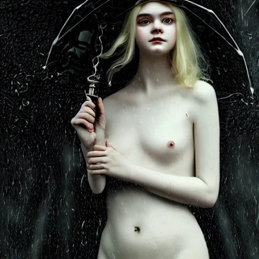 Prompt: a striking esoteric painting of Elle Fanning in the rain, dark, metal, black background, occult, by Edward Leighton