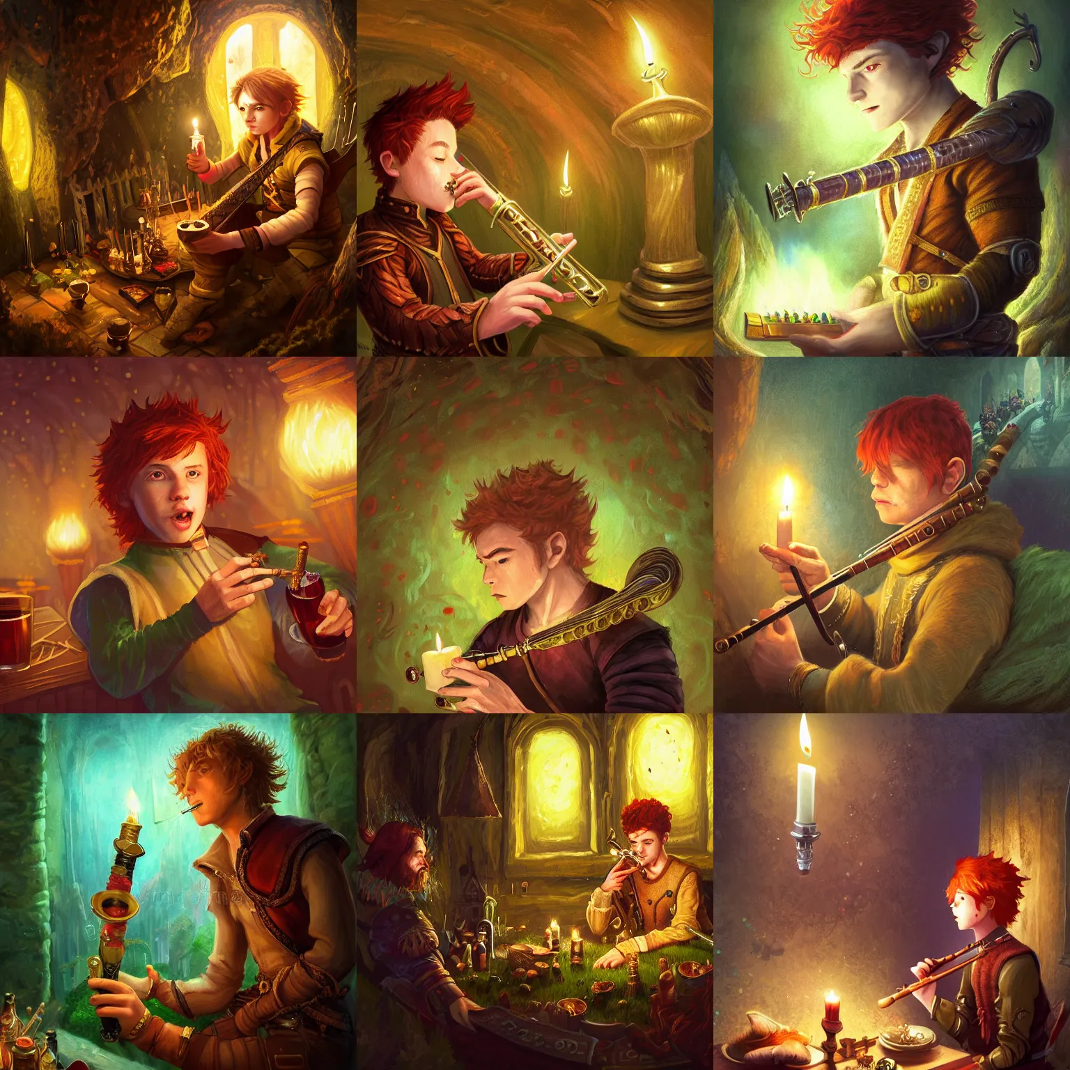 Prompt: 8k ultra high detailed illustration by Anato Finnstark of a 18 year old halfling male bard character from dungeons and dragons, playing a flute, red hair and freckles, ultra wide shot, green and brown clothes, crowded inn in the background, cozy candlelight, depth of field, multiple patrons drinking ale in the background