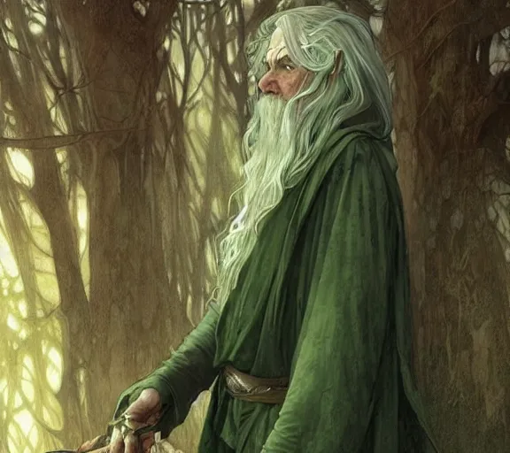 Prompt: portrait of old forest druid, pale skin, green eyes, long grey hair, simple clothes, high fantasy, dnd, d & d, illustration, by artgerm, greg rutkowski, alphonse mucha - h 7 6 8