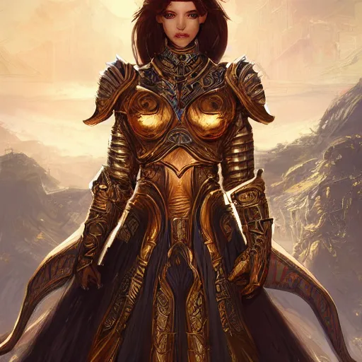 Image similar to portrait knights of Zodiac girl, golden and copper armor, in ruined Agora of Athens, ssci-fi, fantasy, intricate, very very beautiful, elegant, highly detailed, digital painting, artstation, concept art, smooth, sharp focus, illustration, art by tian zi and WLOP and artgerm