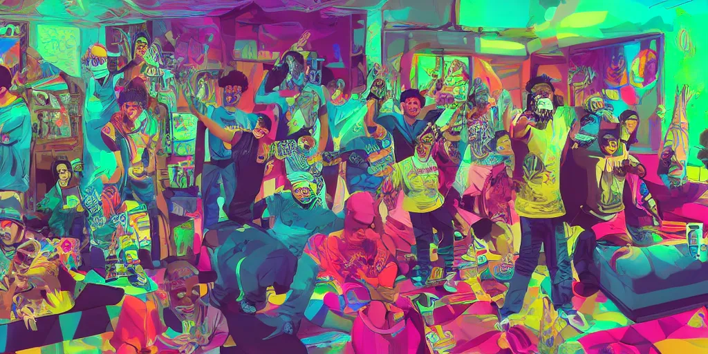 Image similar to family rapping together in living room, epic pose, digital art, vaporwave, psychedelic, surreal, hip hop, trending on Artstation, professional artist, detailed, 4k