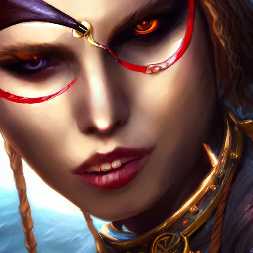 Prompt: Pirate Queen wearing an eye patch, close-up, highly detailed, high quality, fantasy concept art, soft lighting, photorealistic,