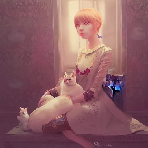 Image similar to portrait of a russian princess in her castle holding a cat in her hand, in the style of ilya kuvshinov and miho hirano, artstation, high quality art, super detail