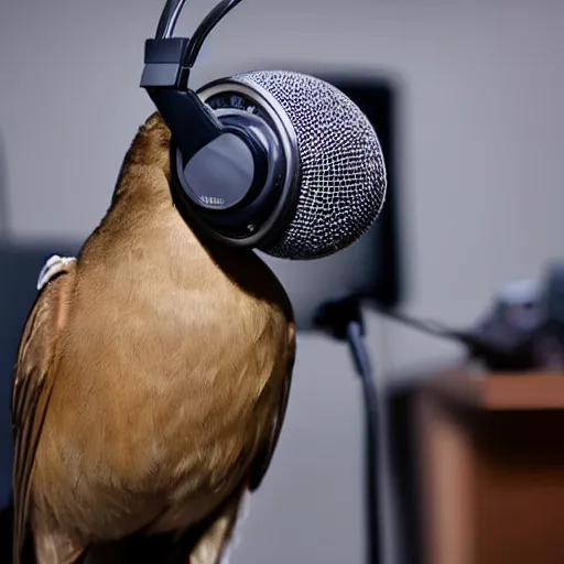 Image similar to A photograph of a bird wearing headphones and speaking into a high-end microphone in a recording studio.