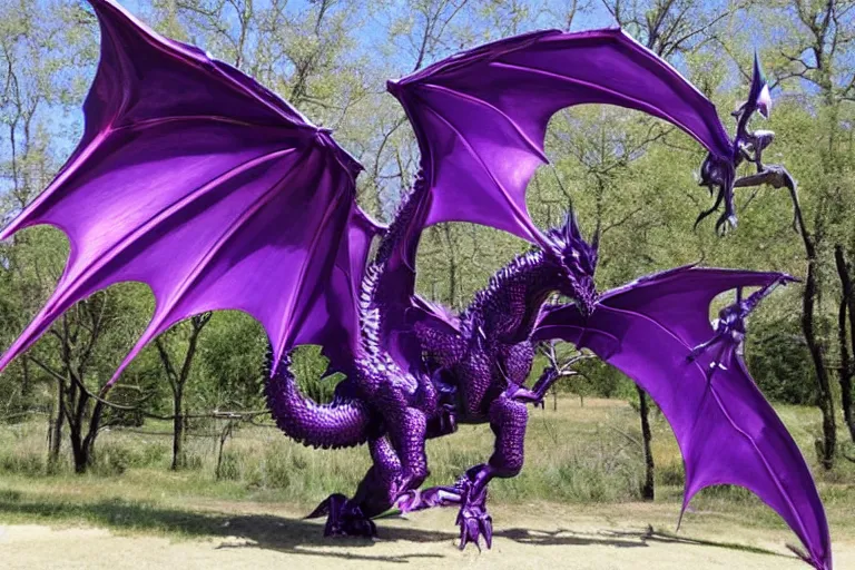 Image similar to 128 foot tall silver western style dragon that has purple accents, 360 foot wingspan, and jagged yet smooth plated scales