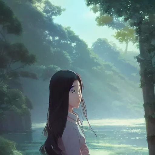 Image similar to beautiful young asian woman with long hair, realistic, detailed, cel shaded, in the style of makoto shinkai and greg rutkowski and james gurney