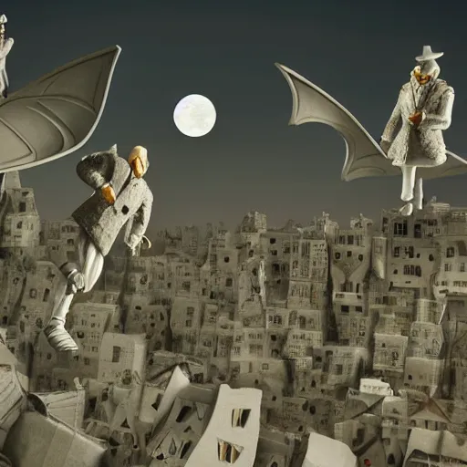 Image similar to full moon, travel upwards, flying, figurines, tilt shift, physical, style of 3 d, occlusion, white clay, style of dave mckean, style of shuzo oshimi, style of will eisner, full of color, on white, smooth, thin sharp lines, detailed, octane render