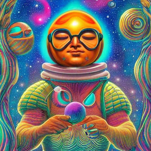 Prompt: psychedelic astronaut surfing through the cosmos in the style of octavio ocampo naoto hattori, cg society, trending on artstation, award winning