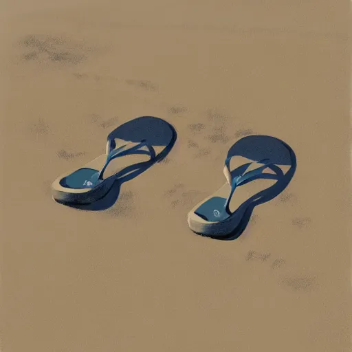 Image similar to a concept art of a pair of flip flops in the sand, by Craig mullins, Steve Purcell, Ralph McQuarrie. Centered image, no background