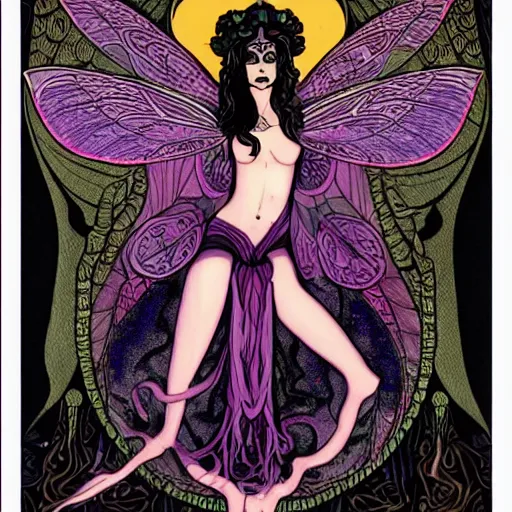 Prompt: Eldritch fairy lovecraft Woman with Art-Nouveau moth wings, black hair, Kali, and the Bodhisattva's Thousand Arms