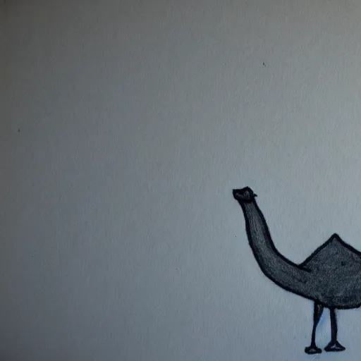 Prompt: Child drawing of camel sipping tea on the desert