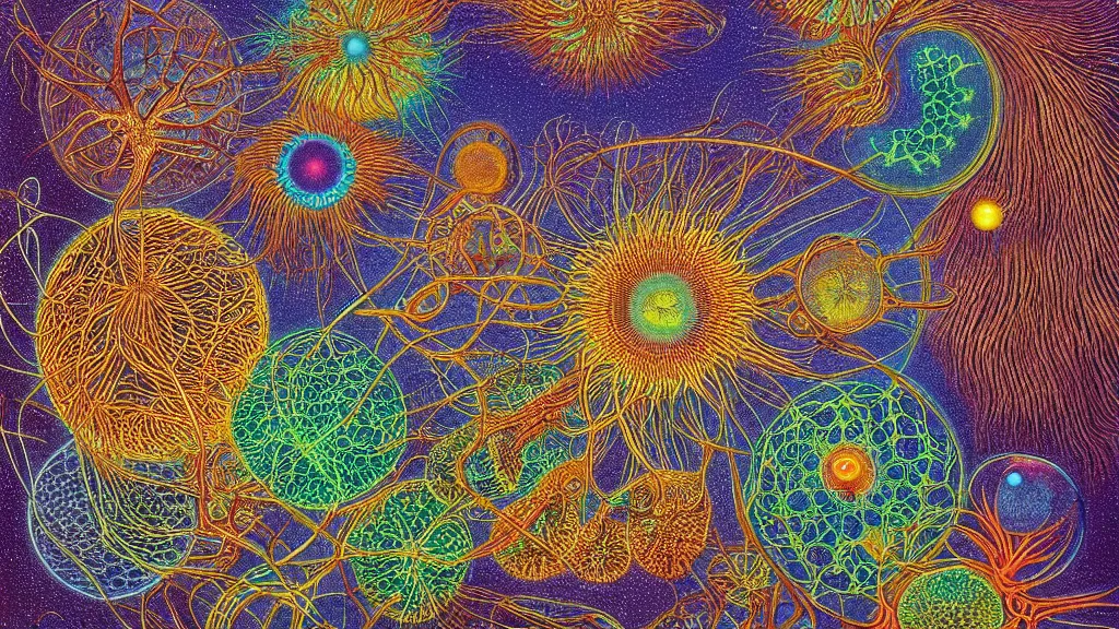 Image similar to quantum connections represented as symbiotic organisms like cells playing around with colorful lights by ernst haeckel