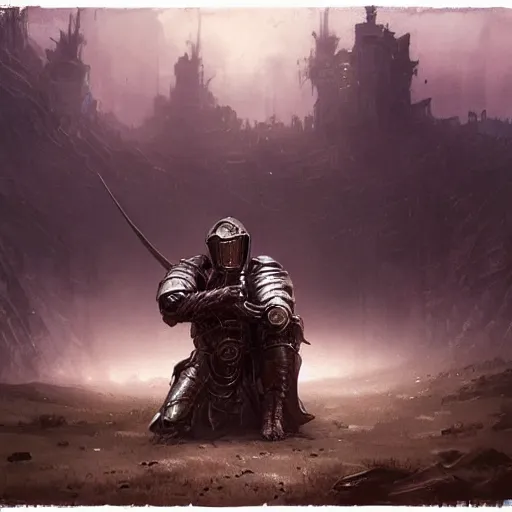Image similar to Forlorn knight crying on his knees on a battlefield, hd, intricate, Greg Rutkowski, Elden Ring, 8k, digital art