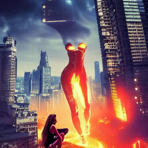 Prompt: a sci - fi woman on a city, city on fire, giant, photoshop, creative and cool, photo manipulation