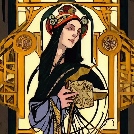 Prompt: “The Rider tarot card of an occultist in front of an alter with a dagger, illustrated in an Art Deco style by Tamara De Lempika and an elegant border by Alphonse Mucha. |studio lighting |digital painting, stunning lighting, trending on ArtStation”