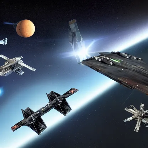 Image similar to horizon x wing space ship, tie fighters fighting in toxic green planet moon and stars in background hyper realistic, high definition cinematic