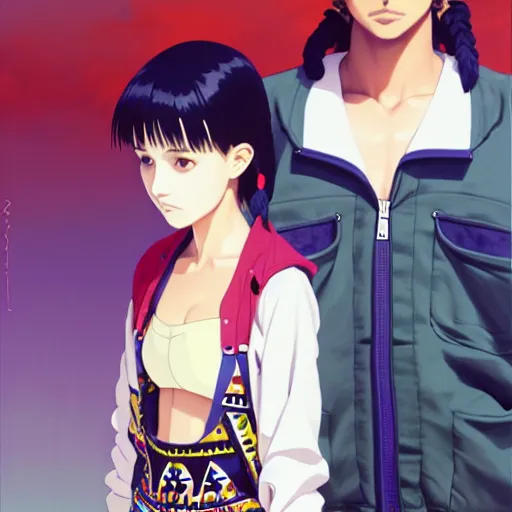 Image similar to a beautiful boyish natalie portman gravure model, wearing oversized mayan bomber jacket and leotard with overalls, bulky poofy bomber jacket with mesoamerican patterns, mesoamerican street fashion, gapmoe yandere grimdark, trending on pixiv fanbox, painted by greg rutkowski makoto shinkai takashi takeuchi studio ghibli, akihiko yoshida