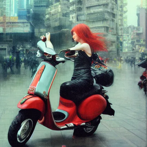 Image similar to the redhead vespa queen in hong kong, oil on canvas by ruan jia and yoshitaka amano