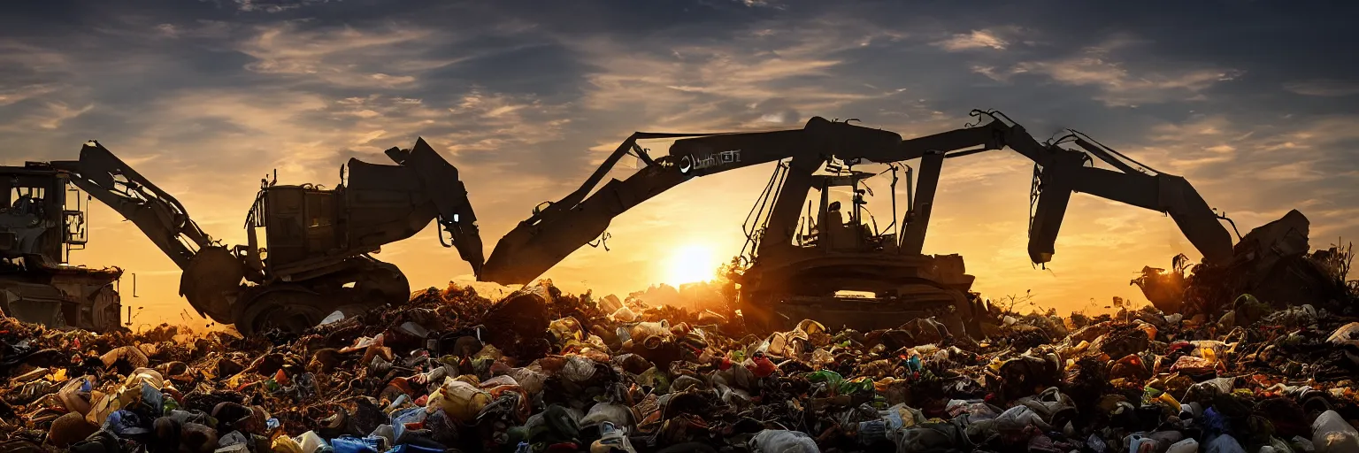 Prompt: Silhouette of bulldozer machine moving garbage on junkyard heap, photorealistic image, golden hour, low angle shot, very detailed